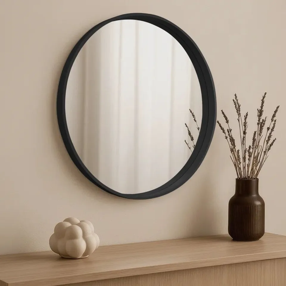BOXED MUAZZAM ROUND WALL MIRROR, 50cm , WOODEN DEEP FRAMED CIRCLE MIRROR (1 BOX)