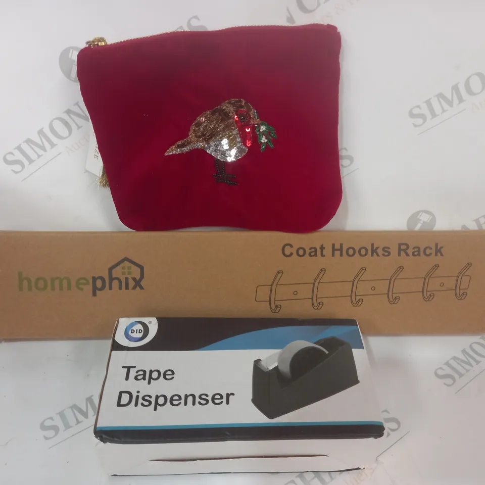 BOX OF APPROXIMATELY 15 ASSORTED HOUSEHOLD ITEMS TO INCLUDE COAT HOOKS RACK, TAPE DISPENSER, ETC - COLLECTION ONLY