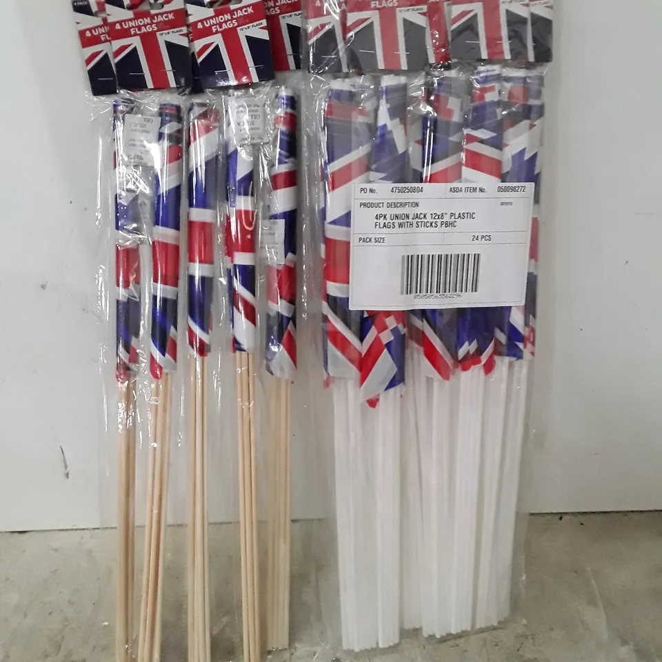 BOX CONTAINING BRAND NEW UNION JACK FLAGS ON STICKS