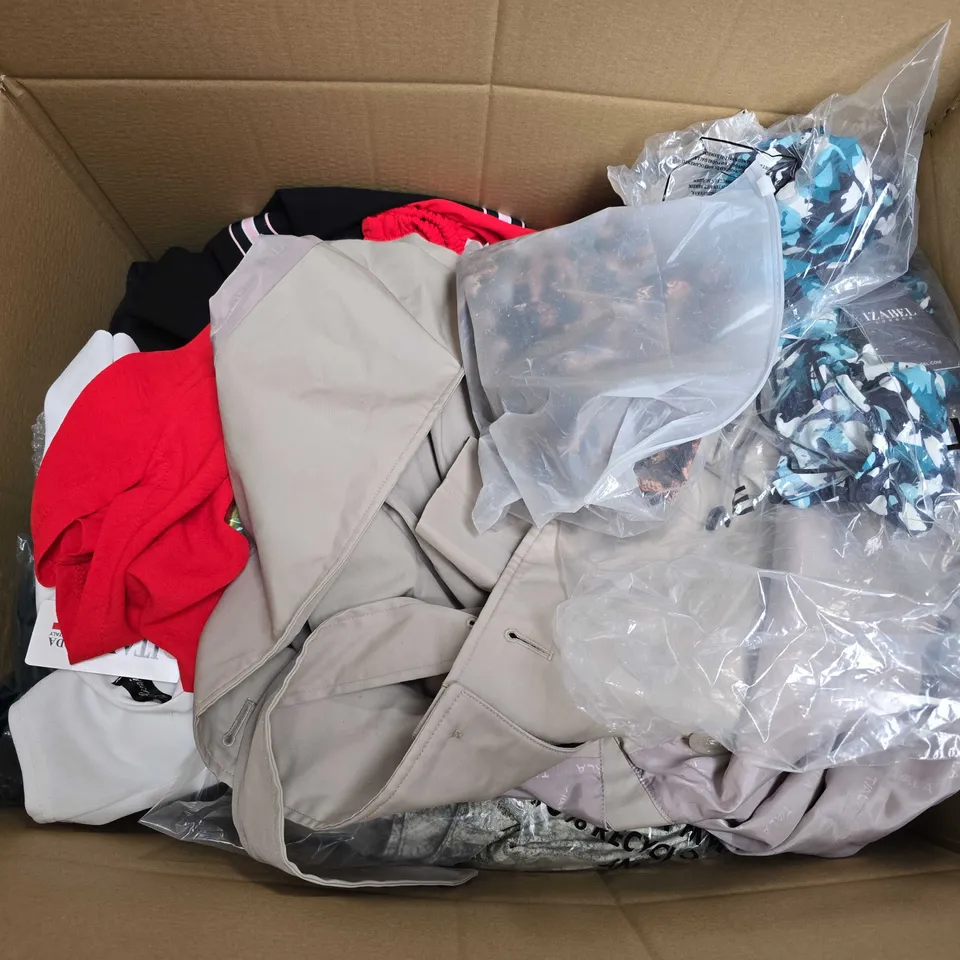 LARGE BOX OF APPROXIMATELY 20 ASSORTED CLOTHING ITEMS IN VARIOUS SIZES, STYLES AND COLOUR 