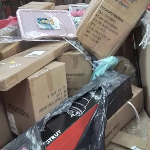 PALLET CONTAINING VARIOUS ASSORTED BOXED HOUSEHOLD ITEMS TO INCLUDE: PRESSURE WASHER, TOWEL RAIL, CAR PARTS, LAP TRAY AND LOTS MORE UNMARKED BOXED ITEMS 