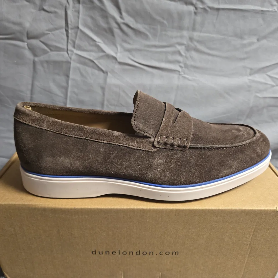 BOXED PAIR OF DUNE LONDON BROWN SUDED PENNY SHOES - UK SIZE 9