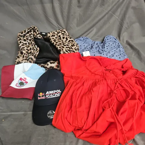 BOX OF APPROXIMATELY 20 ASSORTED CLOTHING ITEMS TO INCLUDE JACKET, HATS, DRESS ETC