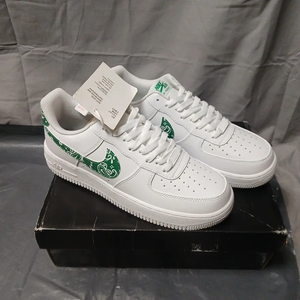 NIKE AIR FORCE 1 LOW WHITE SNEAKERS WITH GREEN PAISLEY SWOOSH – BOXED. UK SIZE 7.5
