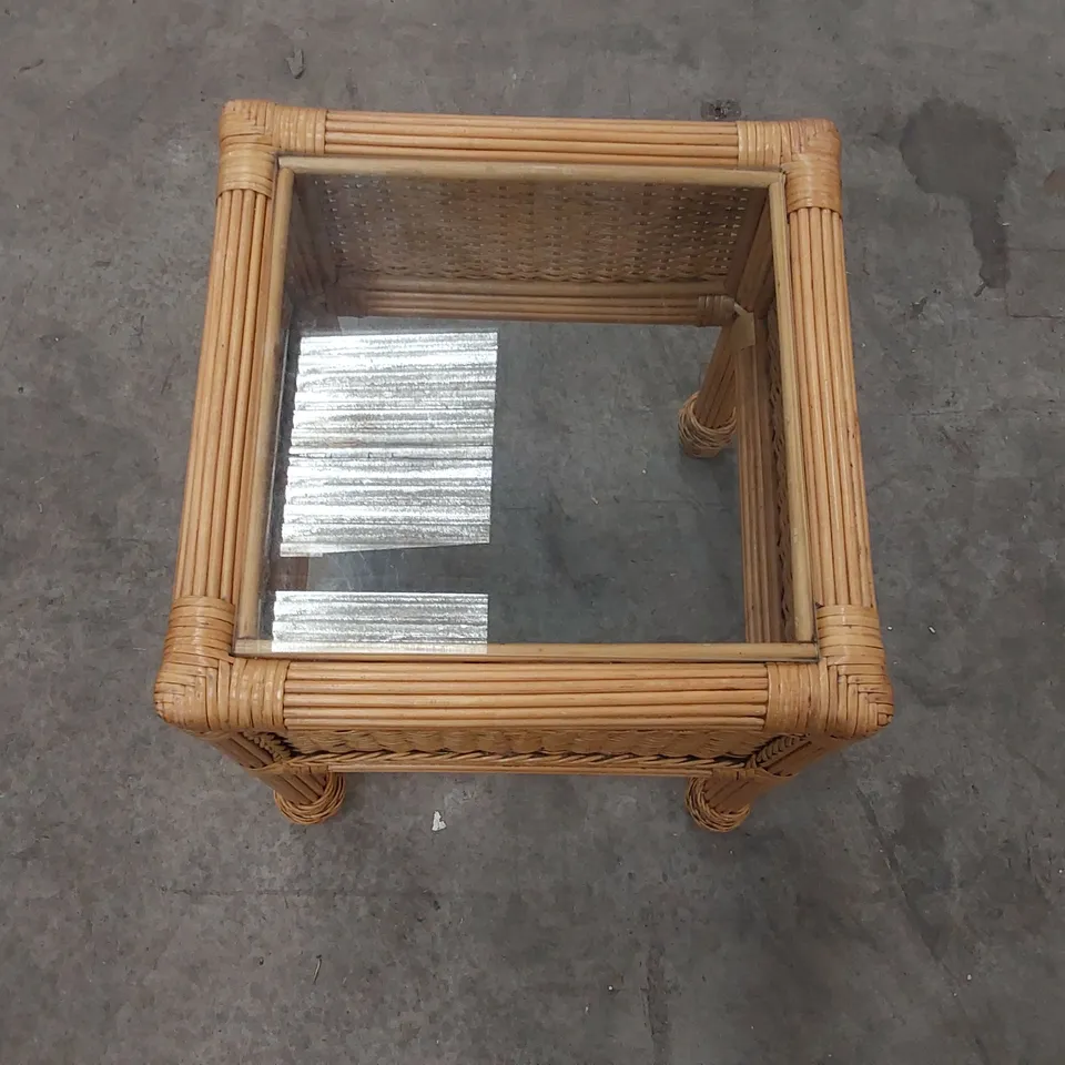 DESIGNER WICKER SIDE TABLE WITH GLASS TOP