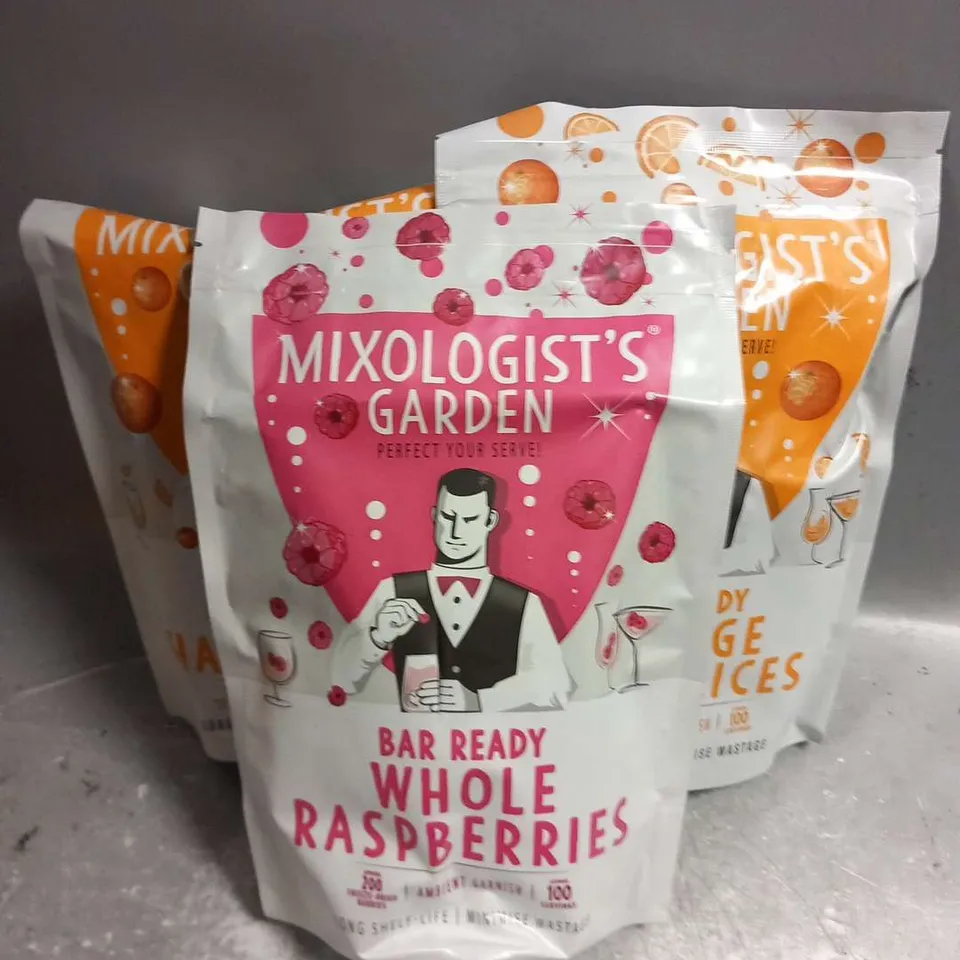 THREE BAGS OF MIXOLOGISTS GARDEN AMBIENT GARNISHES TO INCLUDE; BAR READY WHOLE RASPBERRIES AND BAR READY ORANGE HALF SLICES