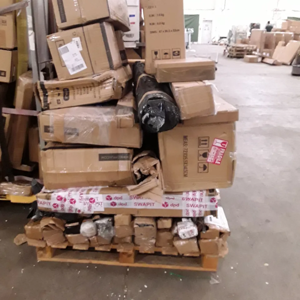 PALLET OF ASSORTED HOUSEHOLD GOODS AND PRODUCTS TO INCLUDE; TIPPING BARROW, CANISTER SET AND 12KG DUMBELL SET