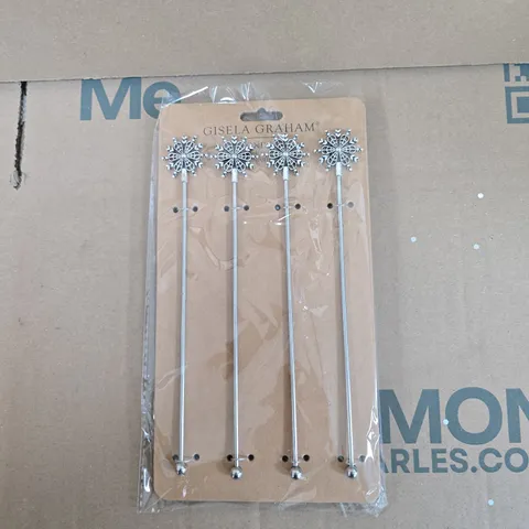 GISELA GRAHAM LONDON - METAL SILVER SNOWFLAKE DRINKS STIRRERS - BOX OF 24PCS