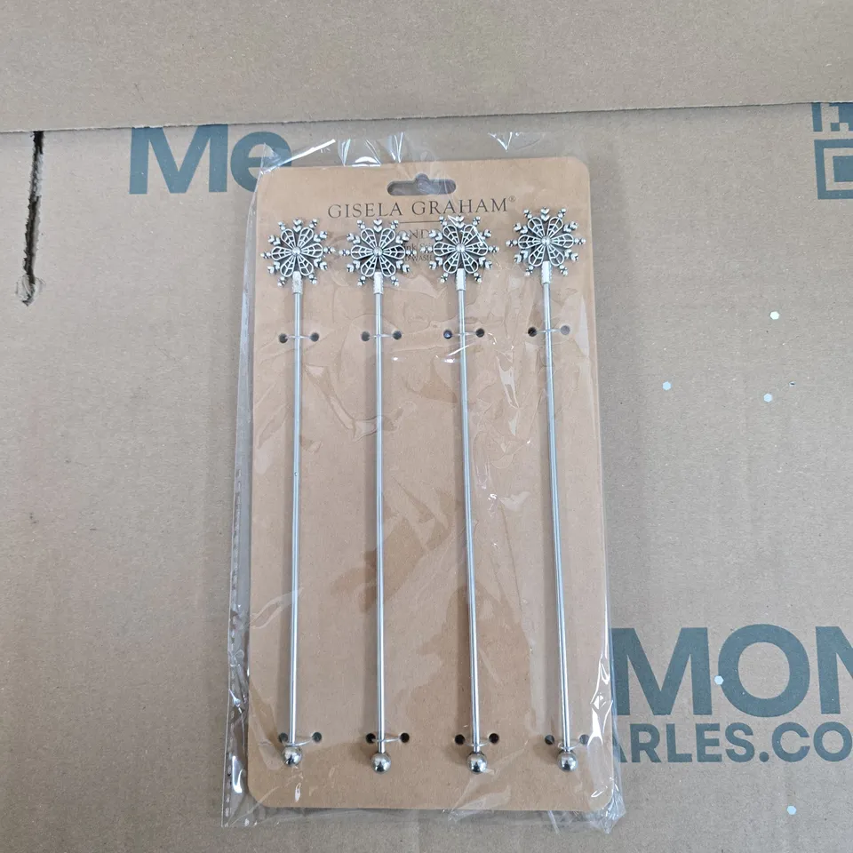 GISELA GRAHAM LONDON - METAL SILVER SNOWFLAKE DRINKS STIRRERS - BOX OF 24PCS