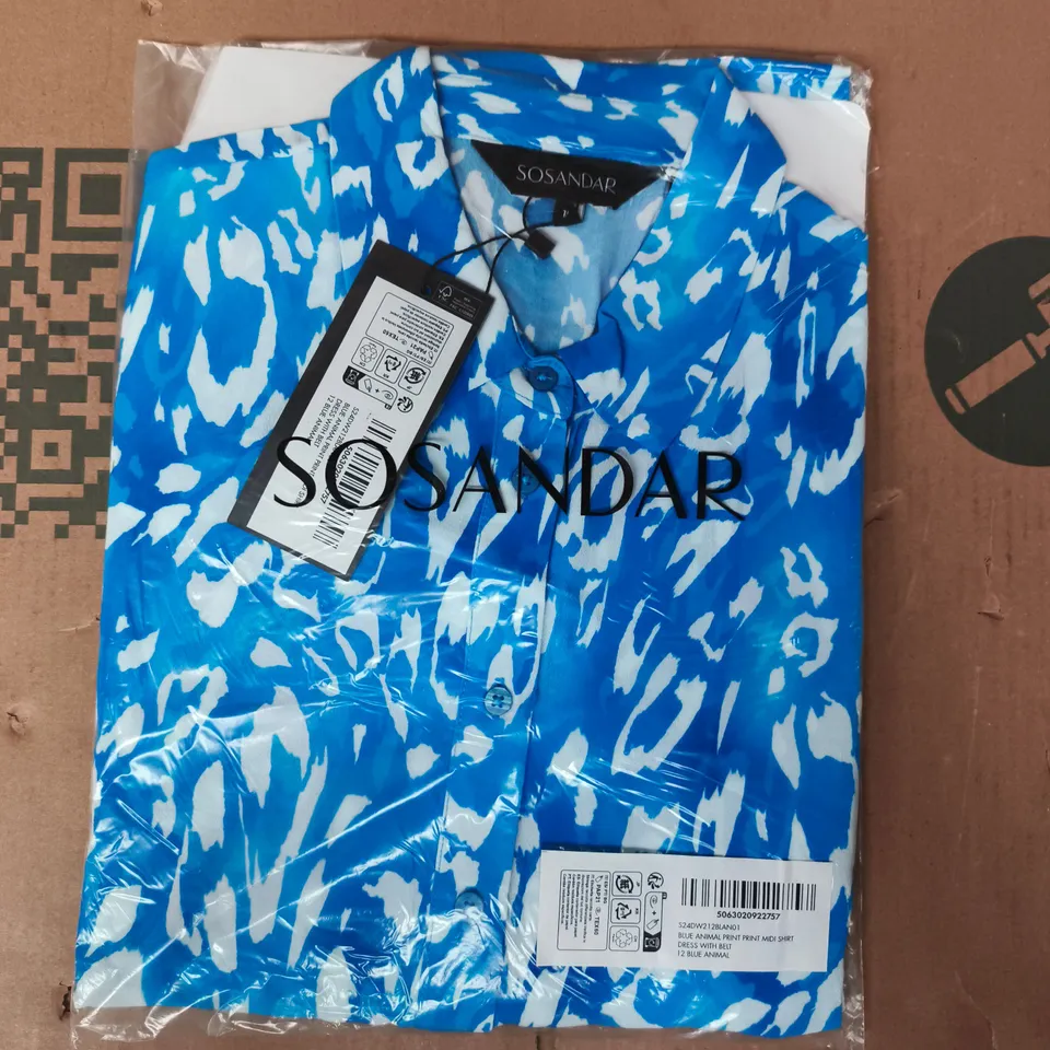 BAGGED SOSANDAR BLUE ANIMAL PRINT MIDI SHIRT DRESS WITH BELT SIZE 12