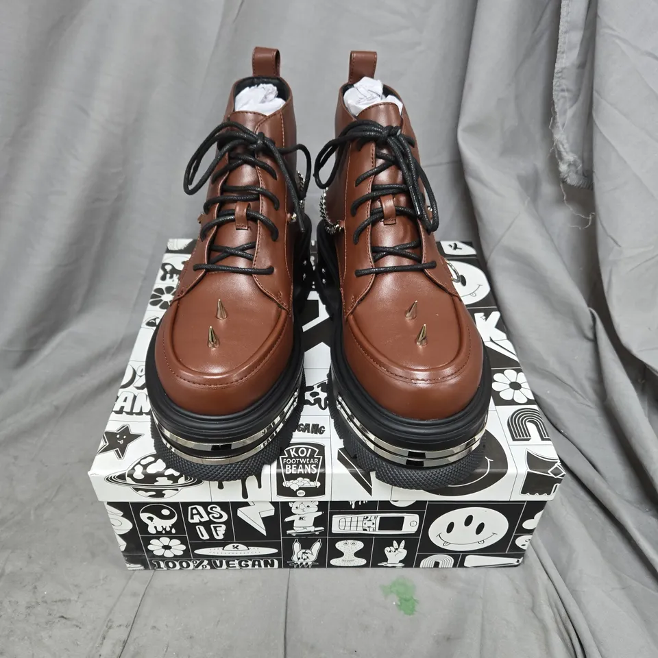 BOXED PAIR OF KOI THE SILENCE PLATFORM GRUNGE BOOTS IN BROWN - SIZE 6