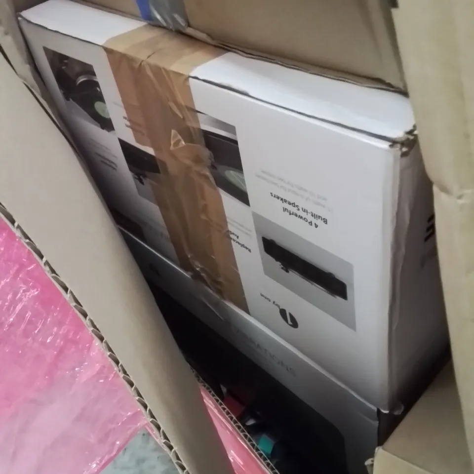 PALLET CONTAINING VARIOUS ASSORTED HOUSEHOLD ITEMS TO INCLUDE: AUDIO TURNTABLES, BABY PLAY BOARD, TOILET SEATS, AND LOTS MORE UNMARKED BOXED ITEMS 