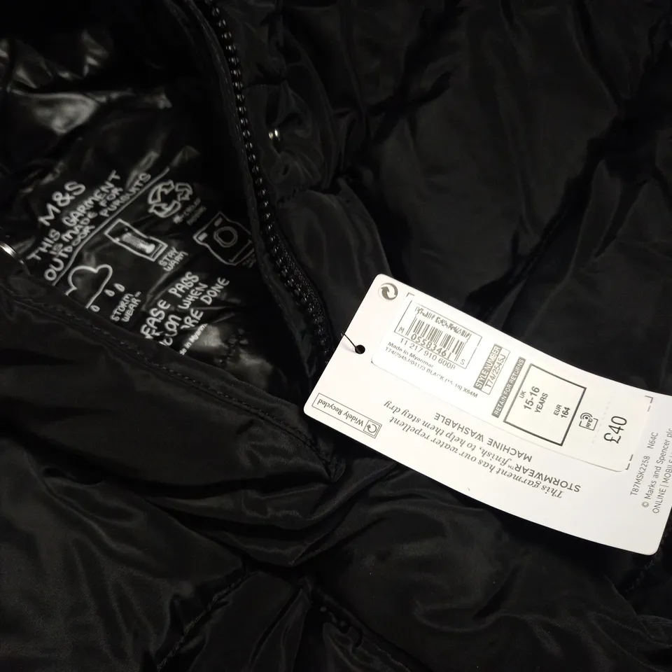 M&S MAXIMUM WARMTH BLACK PADDED COAT - 15/16 YEARS