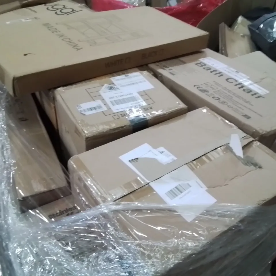 PALLET CONTAINING VARIOUS ASSORTED BOXED ITEMS TO INCLUDE. PROJECTION SCREENS AND STAND SET, BATH CHAIR, KITCHEN ORGANISER AND LOTS MORE UNMARKED BOXED ITEMS 