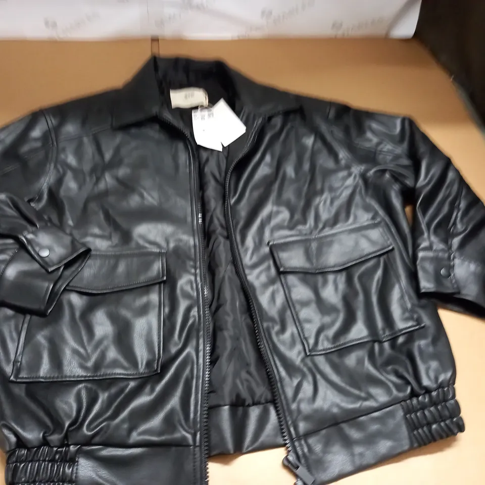 STR BLACK LEATHER LOOK JACKET - UK S