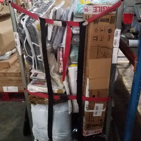 CAGE CONTAINING ASSORTED PRODUCTS INCLUDING CURTAINS, BEDSHEETS & FURNITURE PARTS