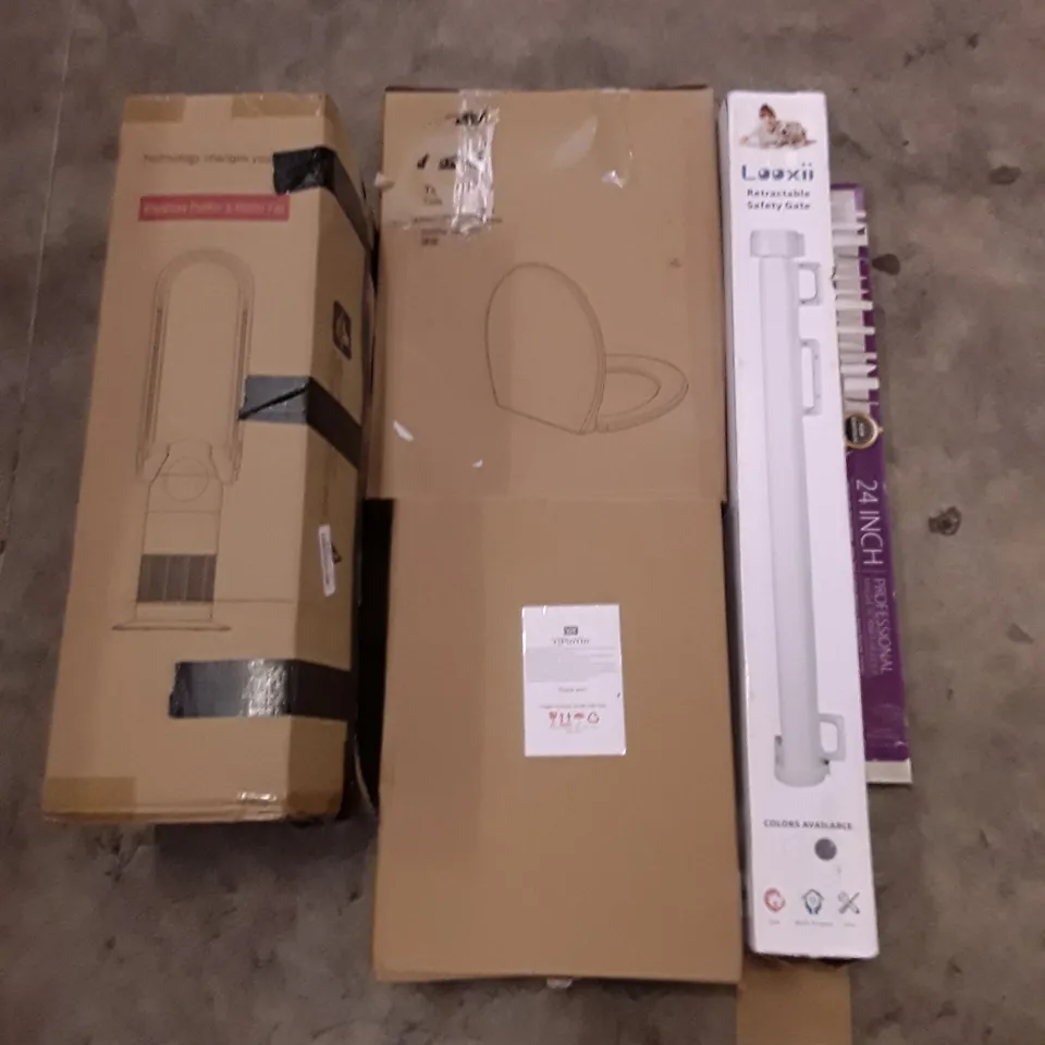 PALLET OF ASSORTED PRODUCTS INCLUDING TOILET SEAT, PHOTO FRAMES, RETRACTABLE SAFETY GATE, MAGNETIC KNIFE HOLDER, BLADELESS PURIFIER & HEATER FAN 
