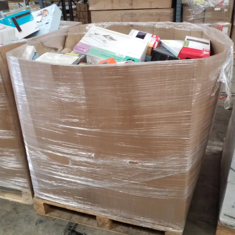 PALLET CONTAINING ASSORTED ELECTRICAL PRODUCTS INCLUDING BLUETOOTH CD BOOMBOX, CANON PIXMA TS3350 PRINTER, AERIALS, HDMI  DVD PLAYER, GAMING SPEAKERS & UNIVERSAL REMOTE