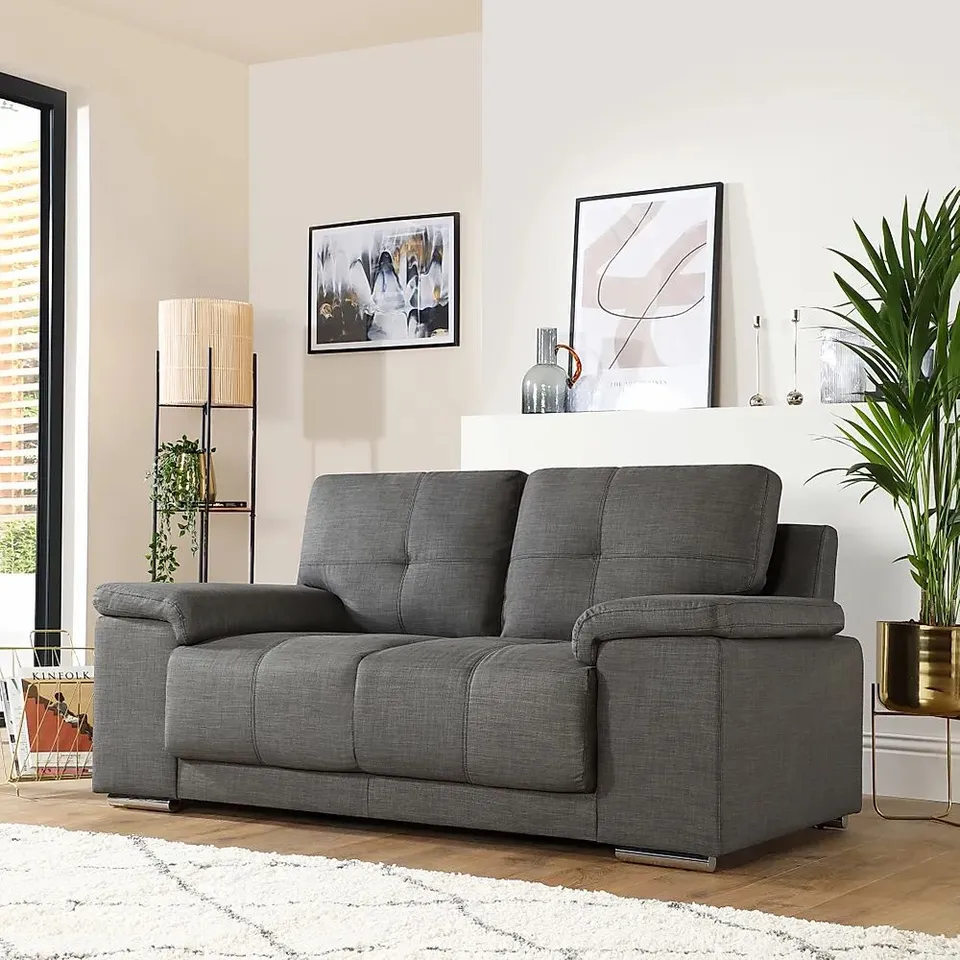 BOXED DESIGNER KANSAS SLATE GREY FABRIC TWO SEATER SOFA