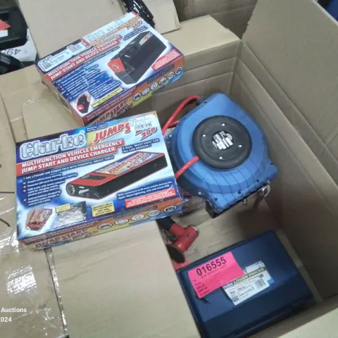 MIXED BOX OF TOOLS TO INCLUDE: X2 EMERGENCY JUMP START PACKS, AIR HOSE REEL, DC TO AC POWER INVERTER