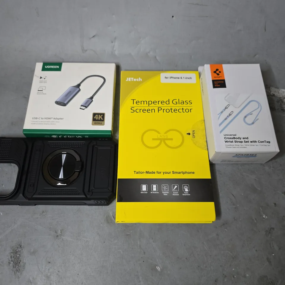 APPROXIMATELY 15 ASSORTED ITEMS TO INCLUDE - PHONE CASES , TEMPERED GLASS SCREEN PROTECTOR , UGREEN USB-C TO HDMI ADAPTER ETC