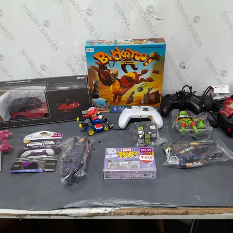 LARGE BOX OF ASSORTED TOYS TO INCLUDE RC'S, BUCKEROO, XBOX CONTROLLER,S AND MINIFIGURES ETC.