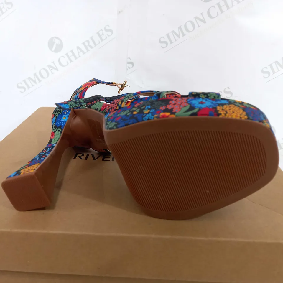 BOXED PAIR OF RIVER ISLAND JACKO OPEN TOE FLORAL RAISED HEELS - UK 5