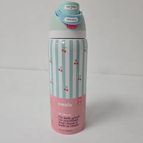 OWALA INSULATED WATER BOTTLE, 32 OZ (945 ML) – CHERRY STRIPE DESIGN, LEAK-PROOF WITH BUILT-IN STRAW