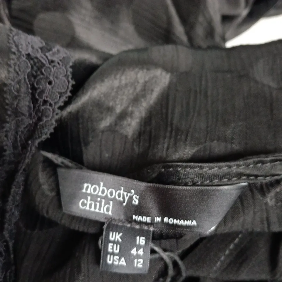 NOBODY'S CHILD BLACK LACE TRIM POLKA DOT SHEER DRESS, UK 16 (EU 44 / US 12)