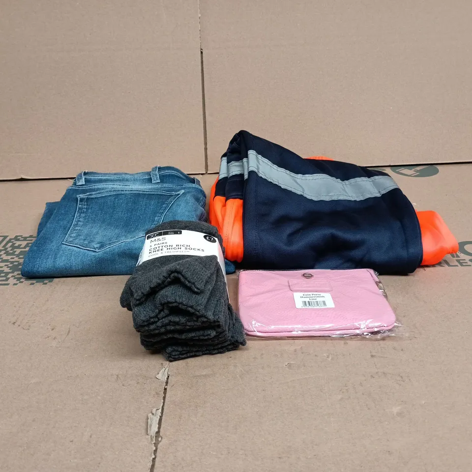 BOX OF APPROXIMATELY 25 ASSORTED CLOTHING ITEMS TO INCLUDE REFLECTIVE SAFETY TROUSERS, JEANS, SOCKS 5 PACK, PINK COIN PURSE ETC