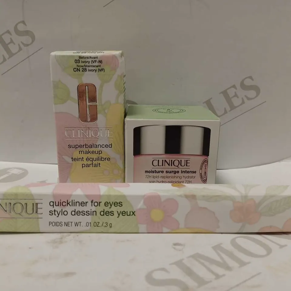 LOT OF 3 ASSORTED CLINIQUE PRODUCTS TO INCLUDE SUPERBALANCED MAKEUP #CN 28 IVORY, MOISTURE SURGE INTENSE, QUICKLINER FOR EYES