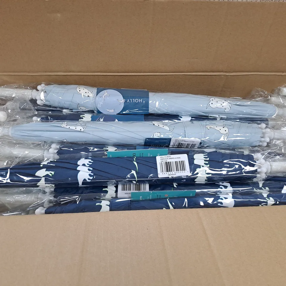 BOX OF APPROXIMATELY 20 KIDS UMBRELLAS - BLUE DINOSAUR AND BLUE DALMATIAN