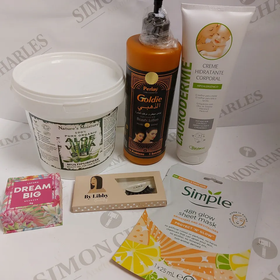 BOX OF APPROX 15 COSMETIC ITEMS TO INCLUDE ALOE VERA GEL, LAURODERME BODY CREAM AND LACURA DREAM BIG BRONZER