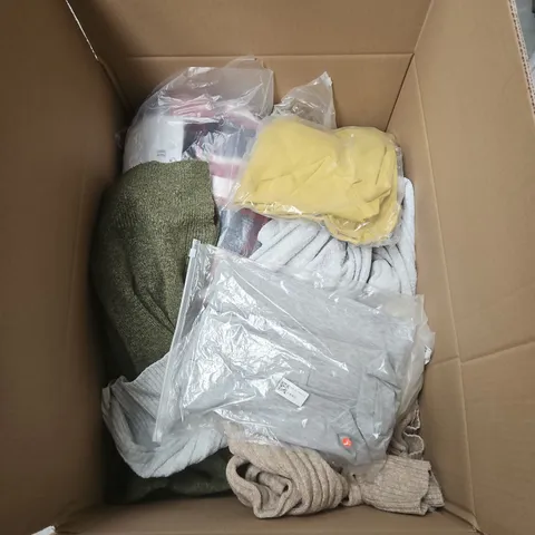 BOX OF APPROXIMATELY 25 ASSORTED CLOTHING ITEMS IN VARIOUS STYLES , COLOURS AND SIZES 