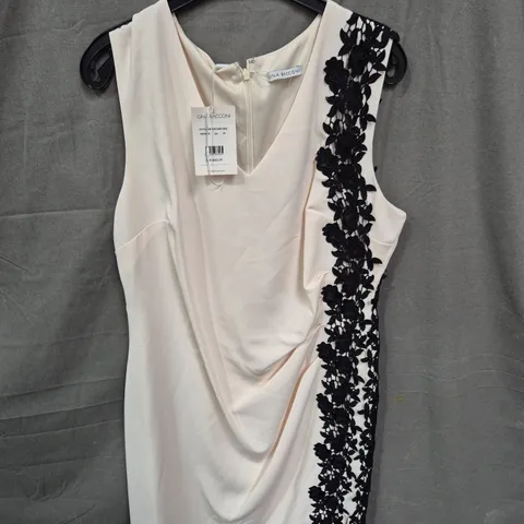 GINA BACCONI WOMEN'S DRESS – BEIGE WITH BLACK EMBROIDERED TRIM, SIZE 20