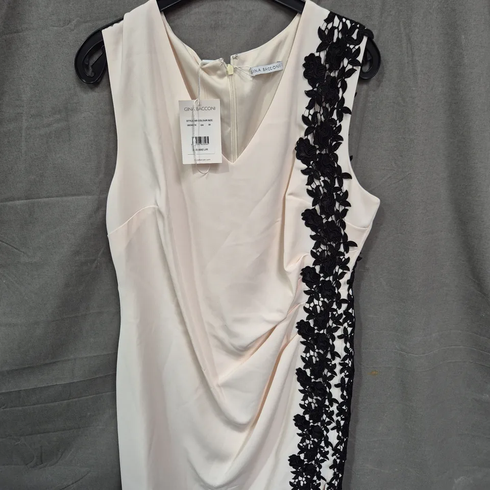 GINA BACCONI WOMEN'S DRESS – BEIGE WITH BLACK EMBROIDERED TRIM, SIZE 20