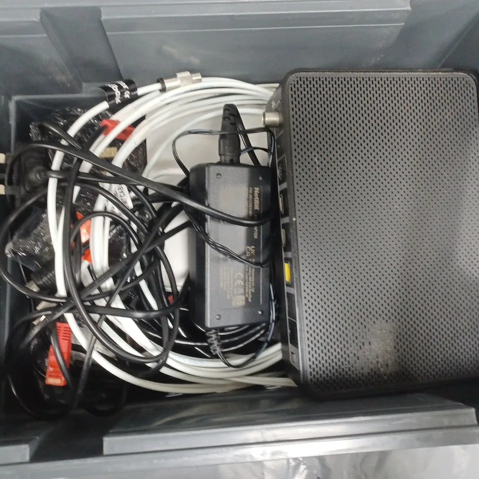 APPROXIMATELY 5 ASSORTED HOUSEHOLD ITEMS TO INCLUDE ROUTERS, CABLES, ETC