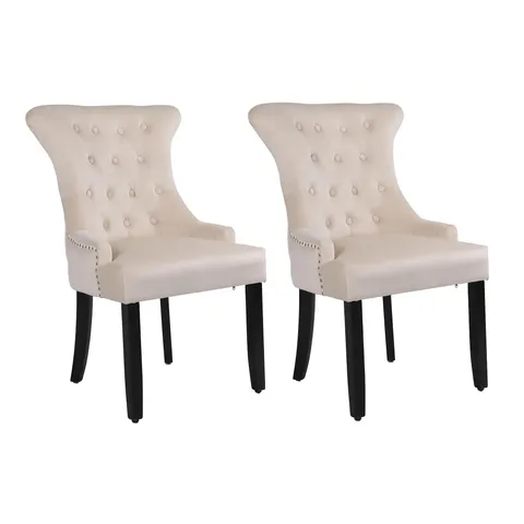 BOXED NEO SET OF 2 UPHOLSTERED CHAIRS HIGH BACK CRUSHED VELVET DINING CHAIRS WITH BUTTONS AND WOODEN LEGS - CREAM (1 BOX)