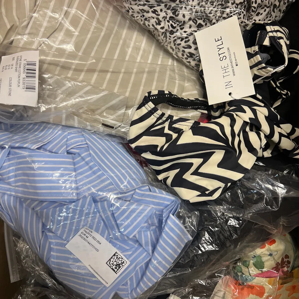 LARGE BOX OF ASSORTED BAGGED AND UNBAGGED CLOTHING TO INCLUDE H&M, SHEIN & IN THE STYLE