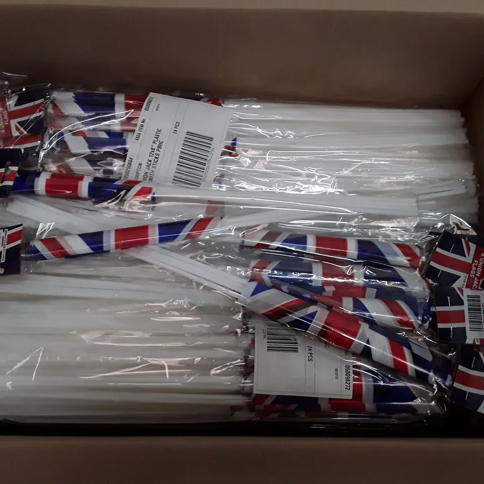BOX CONTAINING APPROXIMATELY 16 PACKS EACH CONTAINING 24 BRAND NEW UNION JACK FLAGS ON STICKS