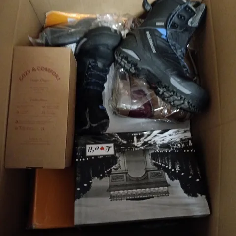 BOX OF APPROXIMATELY 10 PAIRS OF ASSORTED SHOES IN VARIOUS COLOUR, STYLES AND SIZES