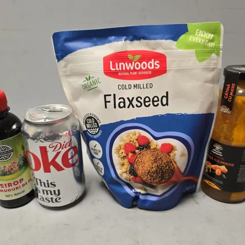 APPROXIMATELY 10 ASSORTED FOOD & DRINK ITEMS TO INCLUDE - DIET COKE , FLAXSEED ETC
