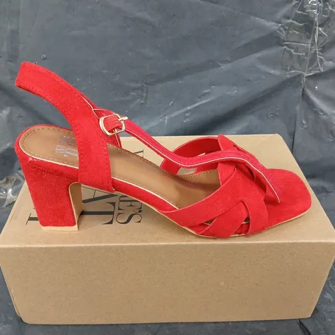 BOXED PAIR OF WHERE THEY FROM OPEN TOE SUEDE SHOES IN RED - UK SIZE 4
