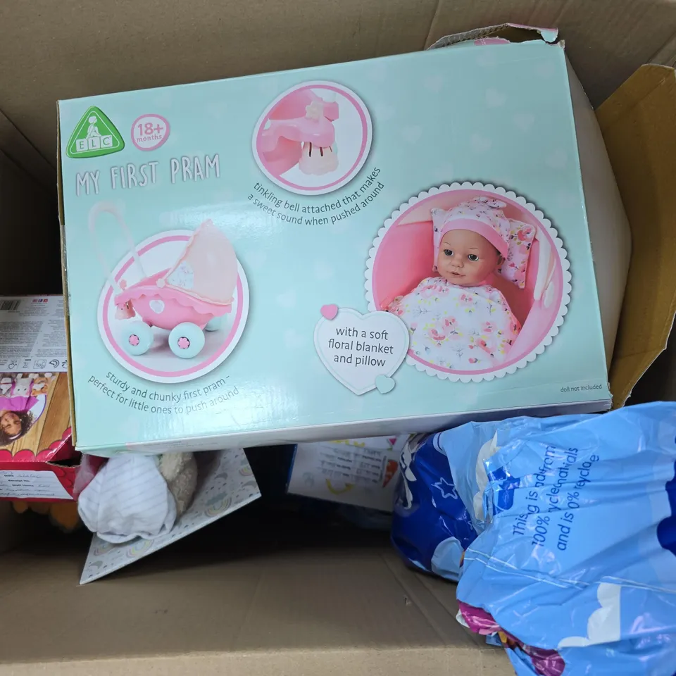 APPROXIMATELY 6 ASSORTED TOYS & GAMES PRODUCTS TO INCLUDE ELC MY FIRST PRAM, PRETTY LITTLE KITTY, BEDTIME BEAR, ETC - COLLECTION ONLY
