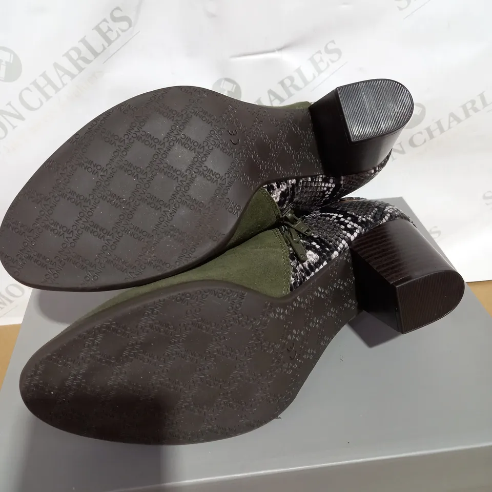 VIONIC NAOMI SNAKE ANKLE BOOTS, KHAKI - SIZE 7