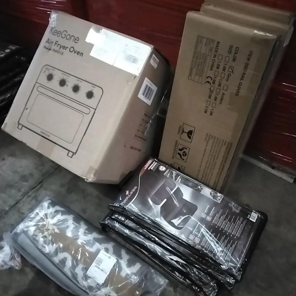 PALLET OF HOUSEHOLD ITEMS TO INCLUDE AIR FRYER OVEN, BED RAIL GUARD, RUG,SEAT PROTECTORS AND OTHER ASSORTED ITEMS...