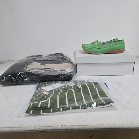 BOX OF APPROXIMATELY 20 ASSORTED ITEMS TO INCLUDE JO AND JOE SHOES, LA MAREY CLOTHING ETC