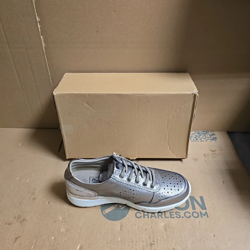 DOWN TO EARTH SILVER METALLIC SNEAKERS – WOMEN'S SIDE-ZIP PERFORATED TRAINERS - UK SIZE 6