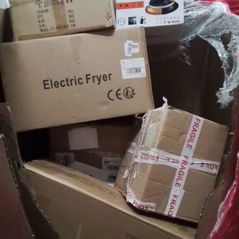 PALLET CONTAINING VARIOUS ASSORTED BOXED HOUSEHOLD ITEMS TO INCLUDE: ELECTRIC FRYER, STANDER, AND LOTS MORE UNMARKED BOXED ITEMS 