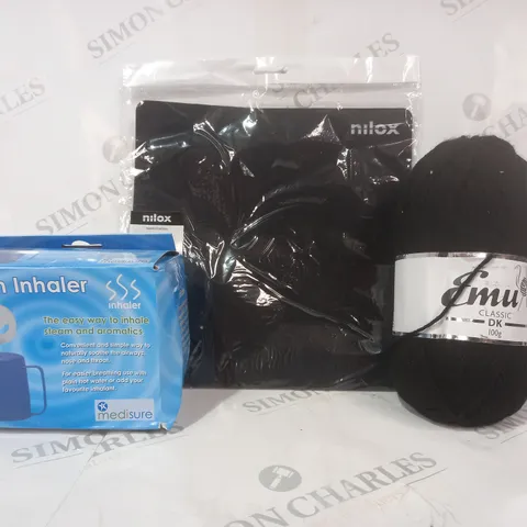 BOX OF APPROXIMATELY 15 ASSORTED HOUSEHOLD ITEMS TO INCLUDE KNITTING YARN IN BLACK, STEAM INHALER, ETC